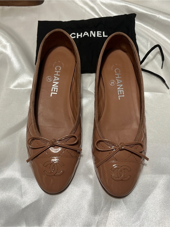 CHANEL Shoes - CHANEL Brown Patent Leather Quilted Ballet Flats with Bow